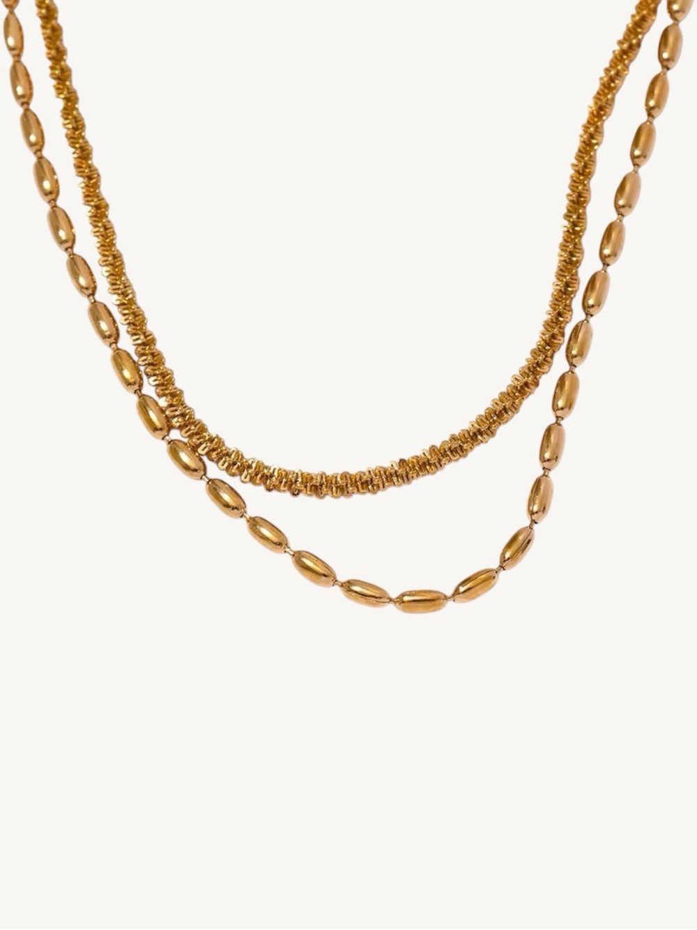 18K Gold PVD Layered Necklace Textured Chain Rice Bead Station Chain